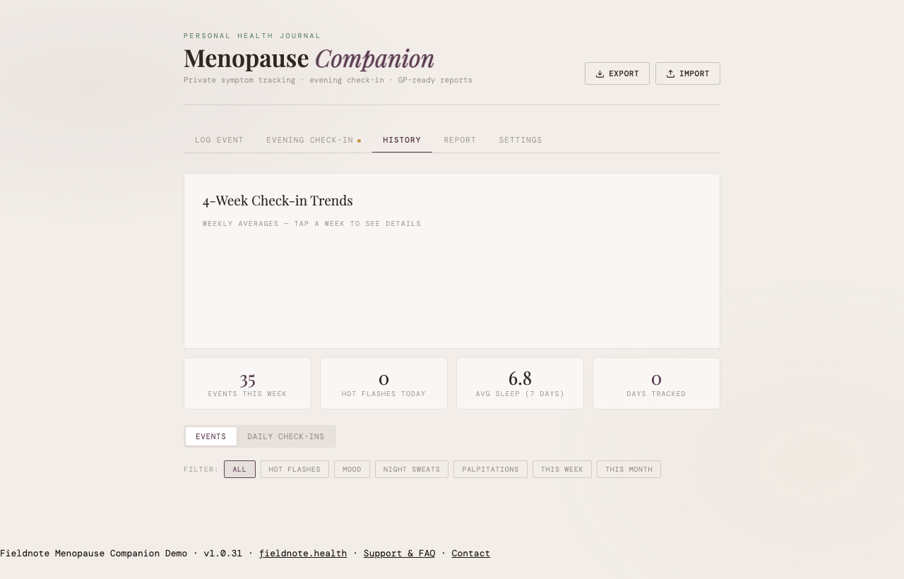 Menopause Companion — desktop history view
